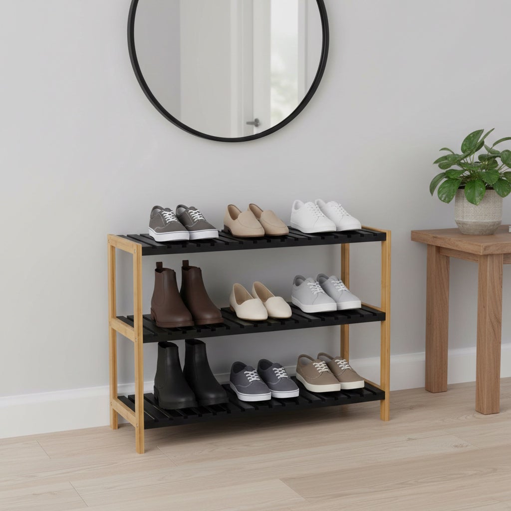 Estantería zapatero de bambú natural con 3 estantes laminados negros de 70x26x59 cm