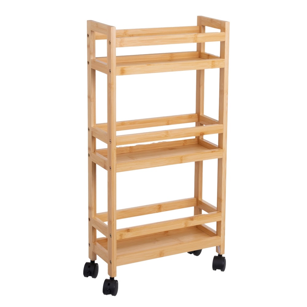 Carro Multiusos de Bambú Natural con 3 Baldas y Ruedas de 74 cm