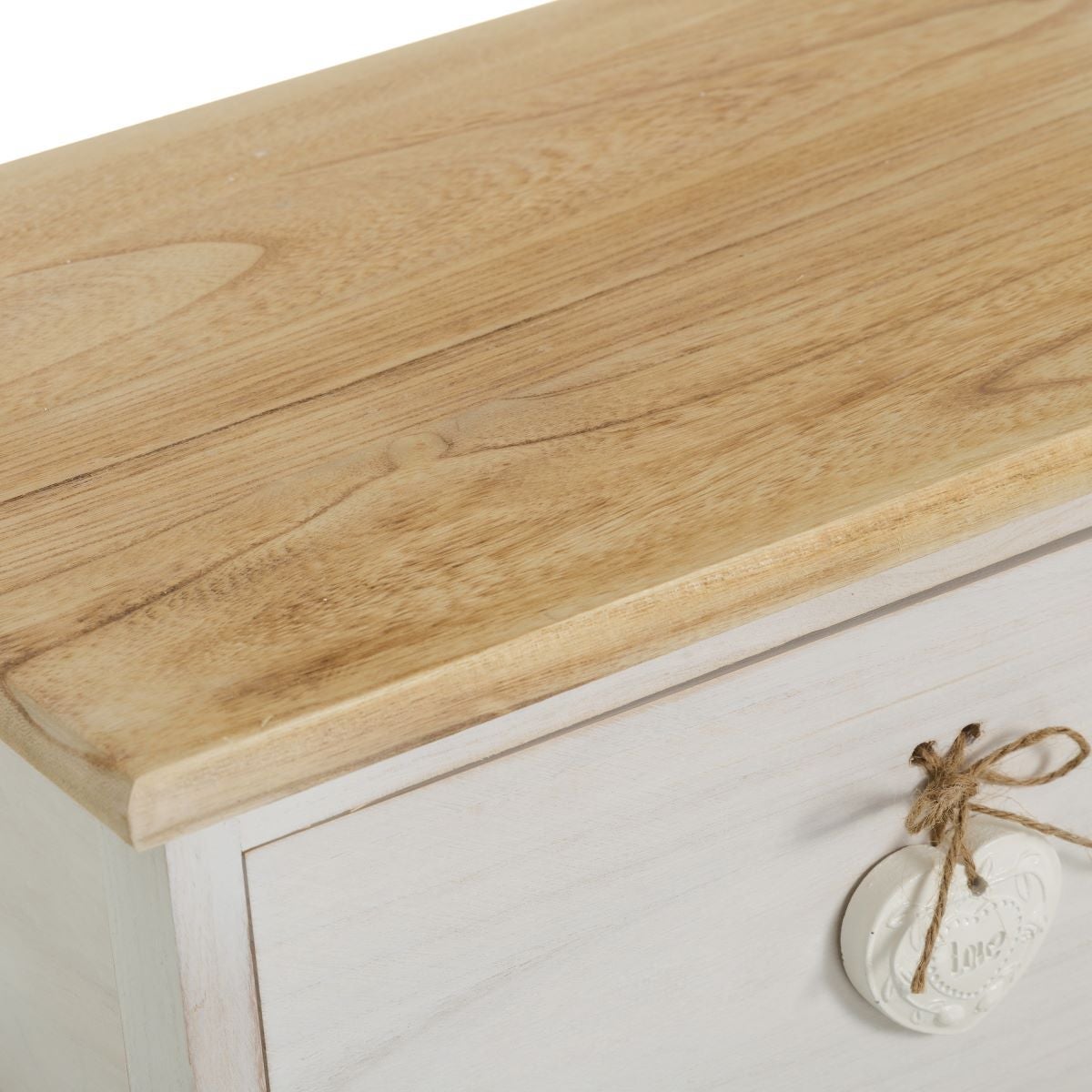 Mesa auxiliar de madera blanca con cajón y cestas