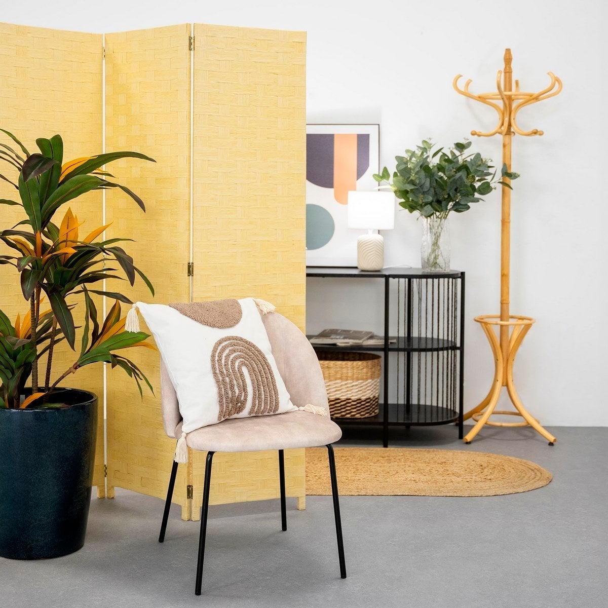 Biombo de cintas de papel y MDF moderno beige plegable de 175cm