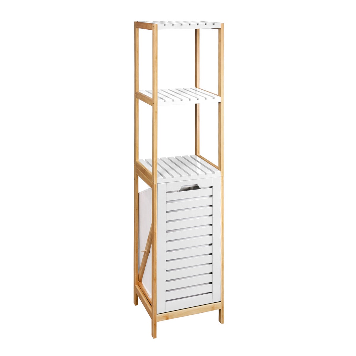 Estantería con cesto de bambú natural blanca de 140x33x34 cm
