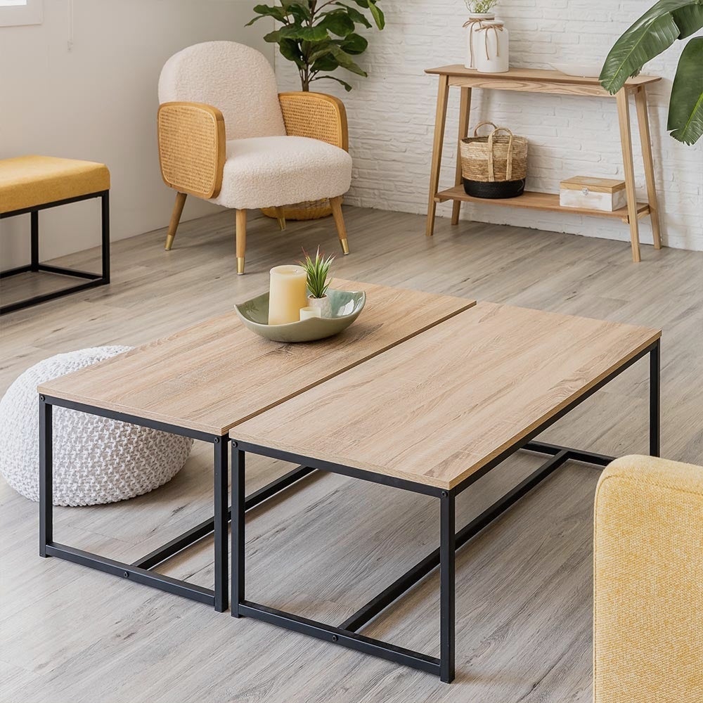 Mesa de centro de acero y madera negra de 36x50x100 cm