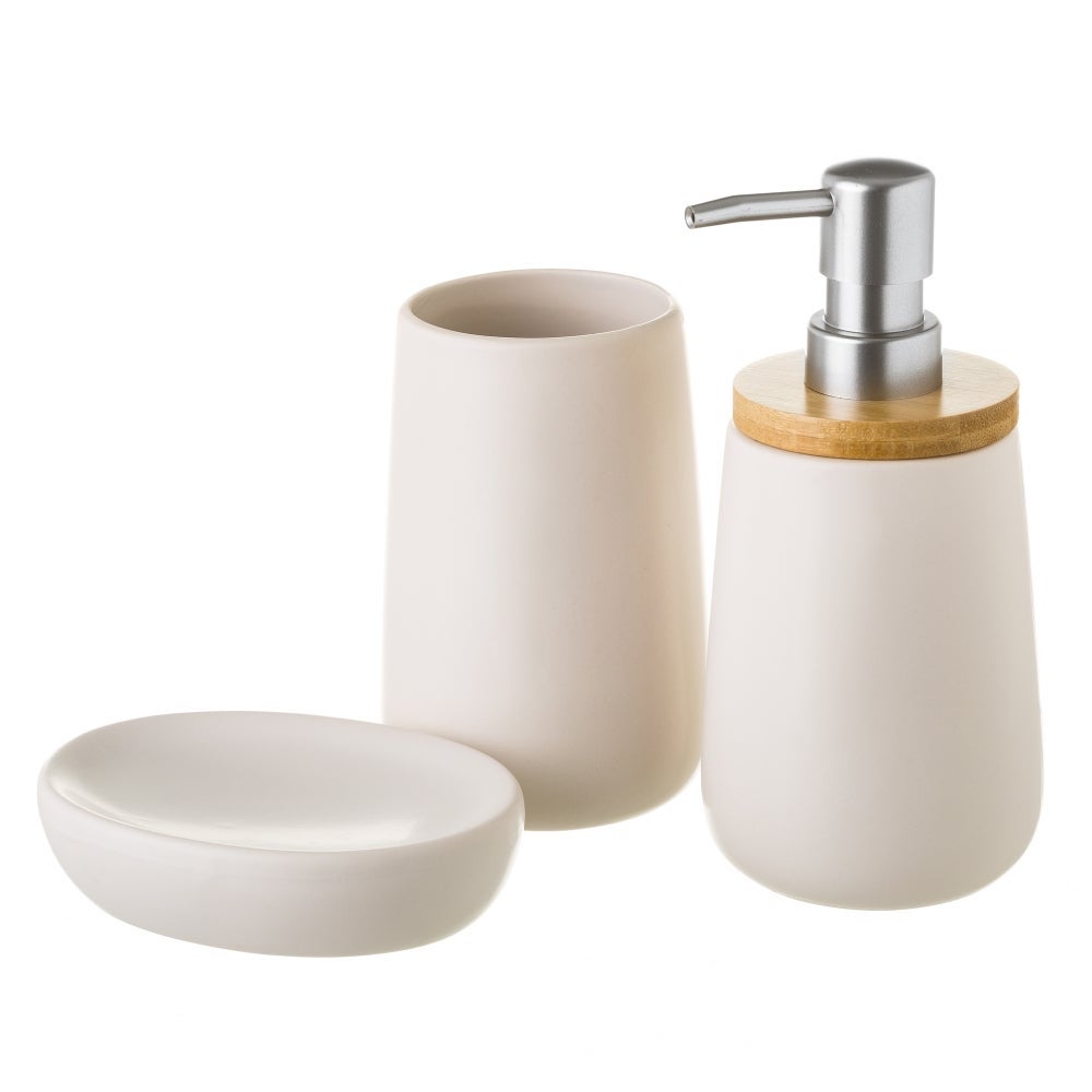 Juego de dispensador y portacepillos de baño de cerámica blanco