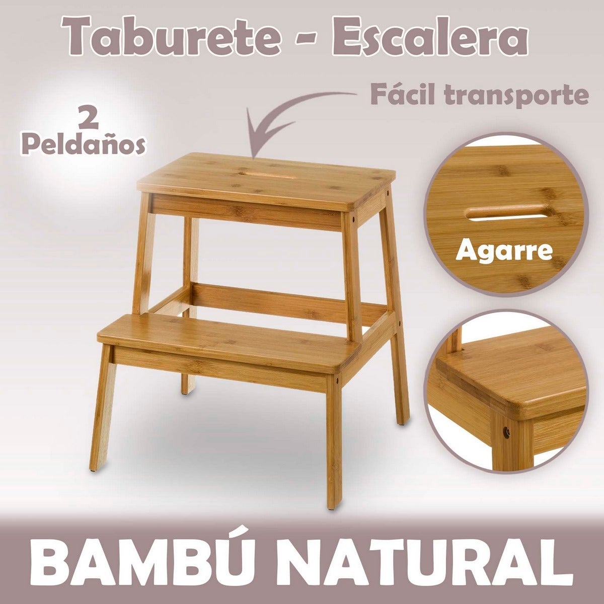 Taburete escalera de 2 peldaños de bambú natural de 47 cm