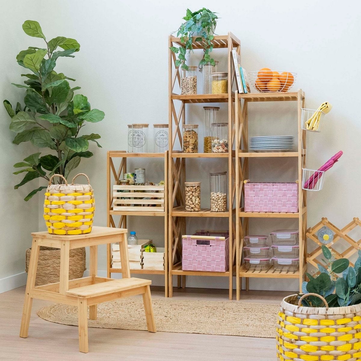 Taburete escalera de 2 peldaños de bambú natural de 47 cm