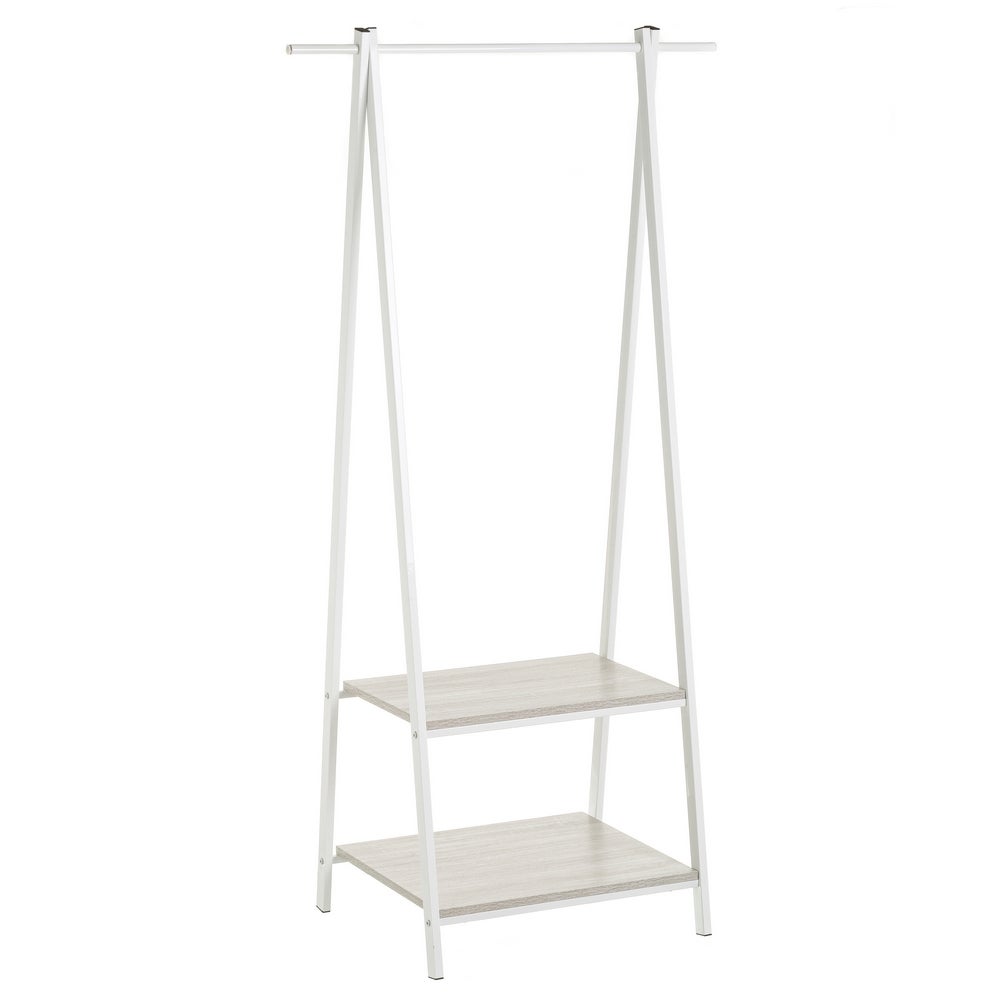 Perchero de madera y metal blanco con barra y baldas 55x45x150 cm