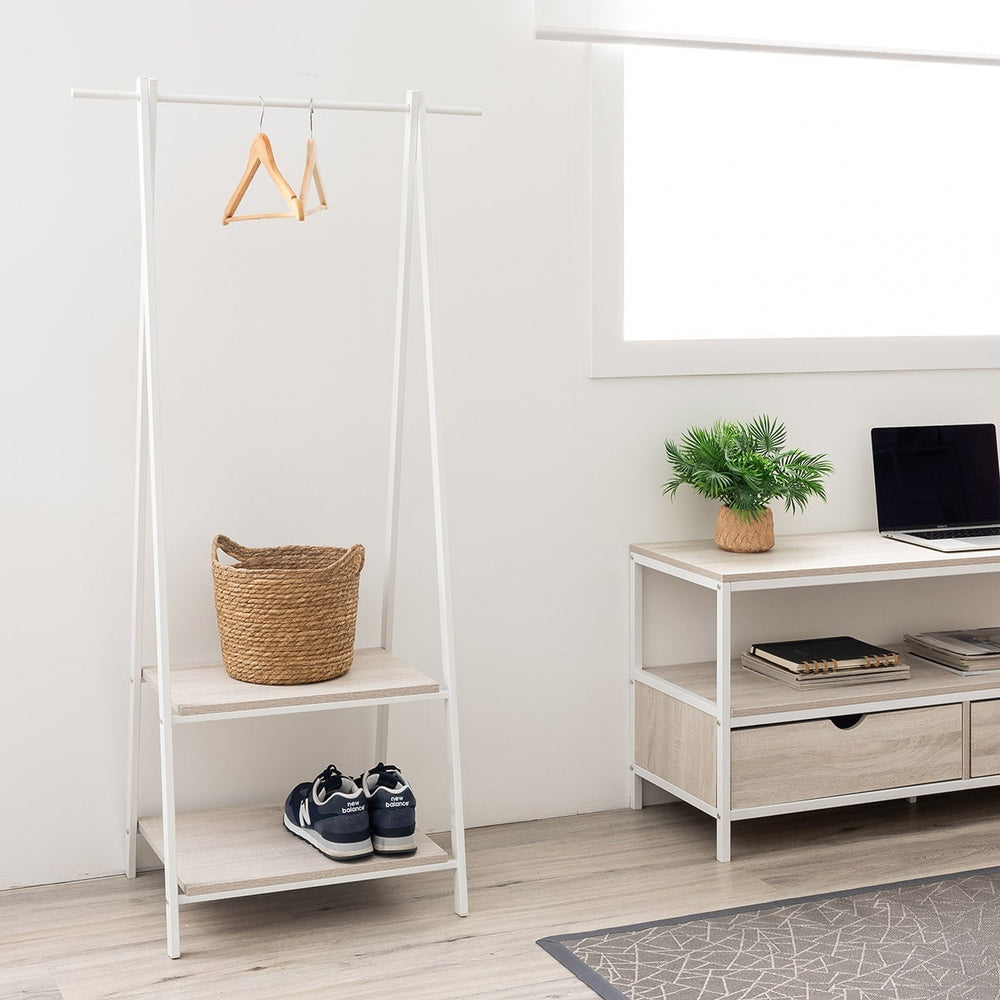 Perchero de madera y metal blanco con barra y baldas 55x45x150 cm