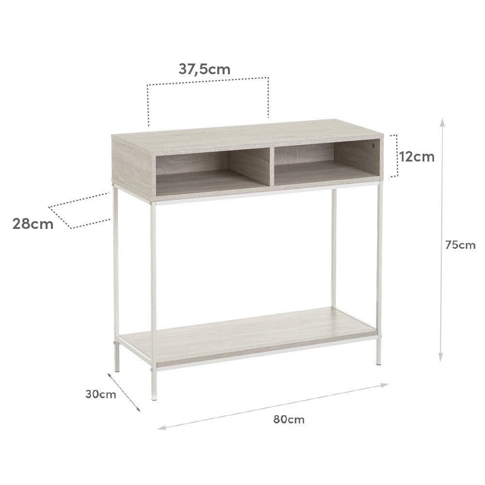Consola auxiliar blanca de metal y madera de 75x30x80 cm