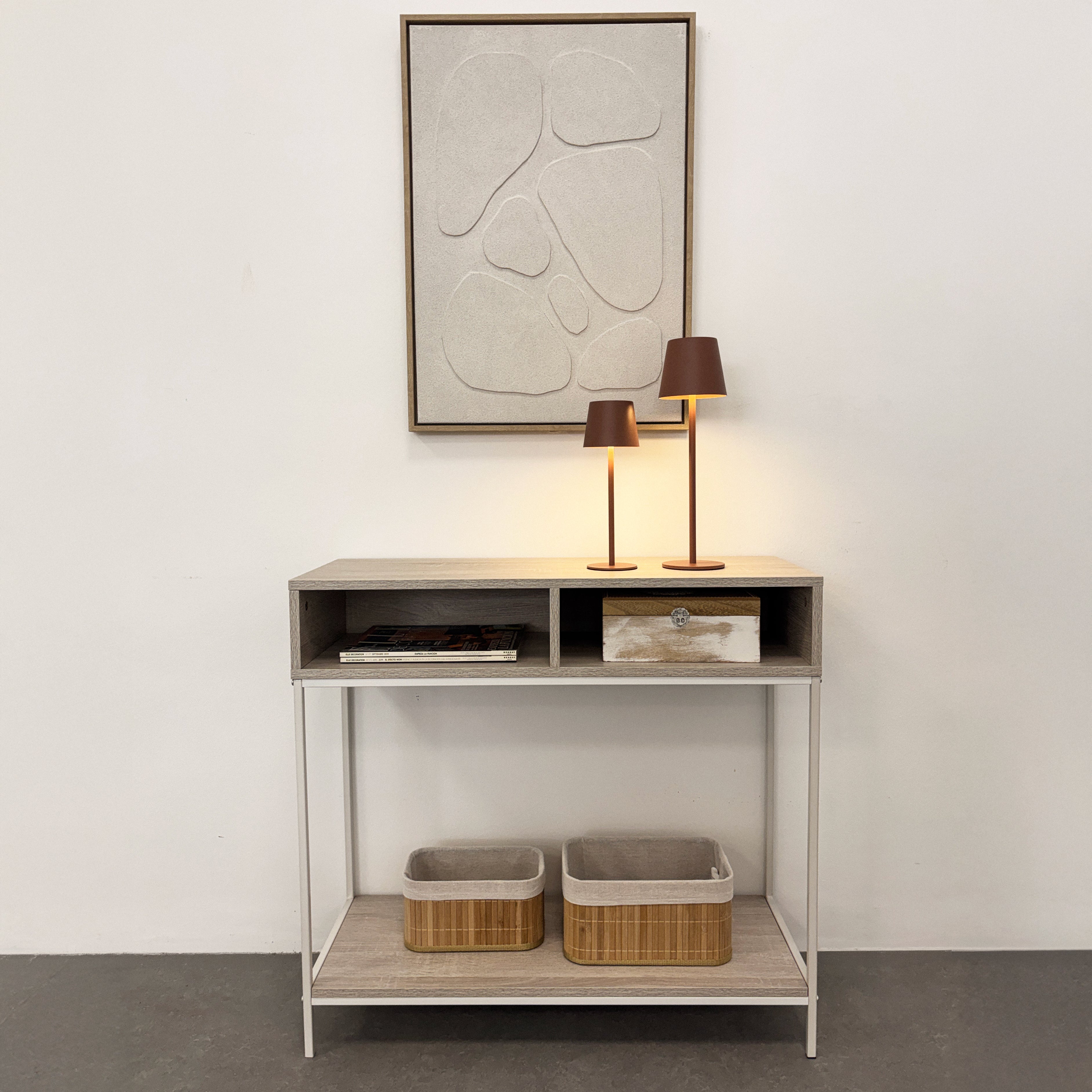 Consola auxiliar blanca de metal y madera de 75x30x80 cm