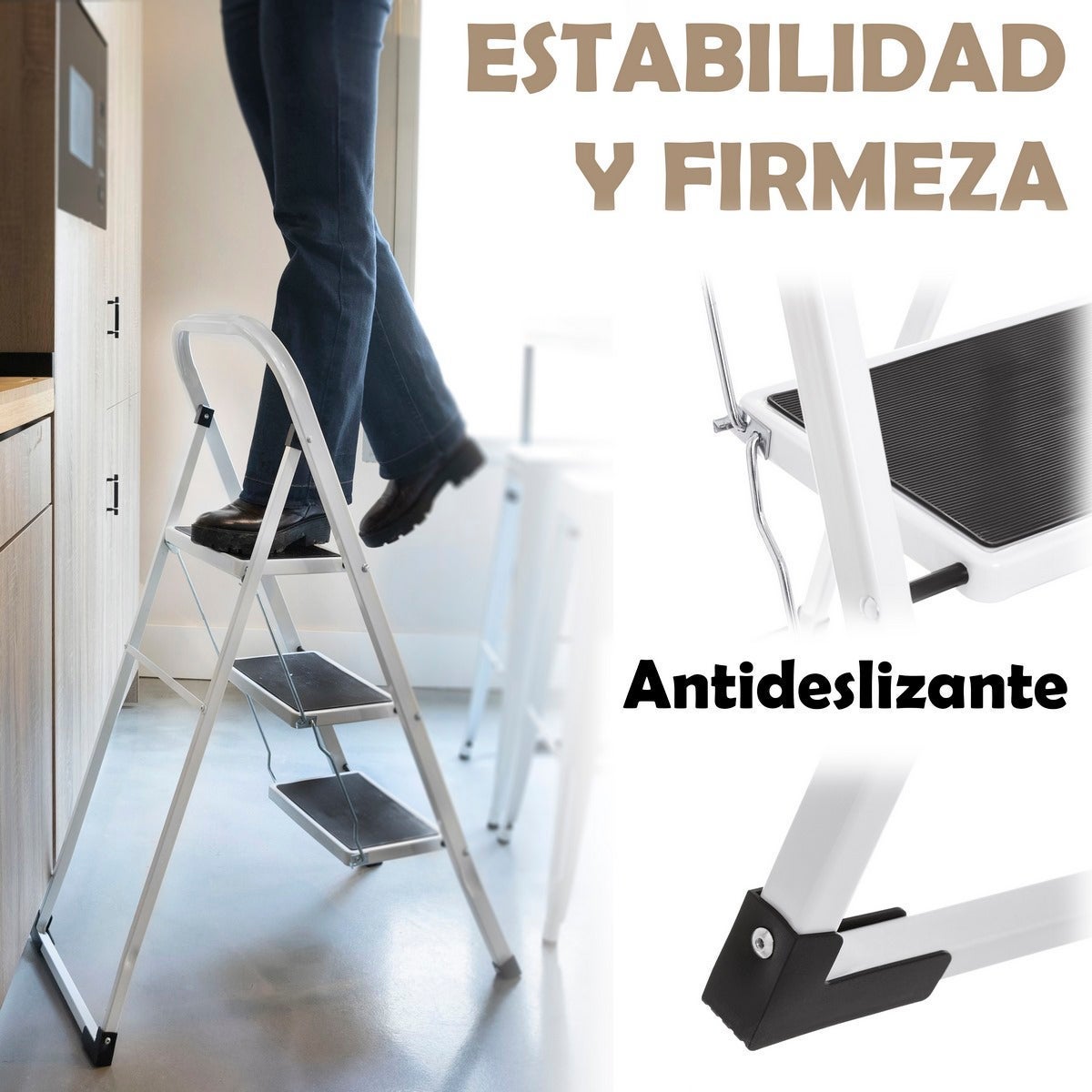 Escalera de 3 peldaños antideslizante blanca de acero de 105x71x46 cm