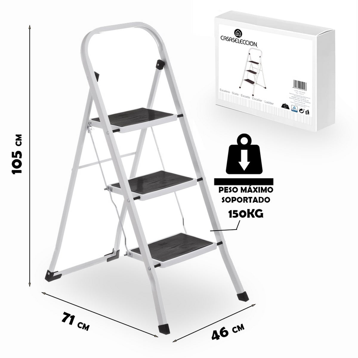 Escalera de 3 peldaños antideslizante blanca de acero de 105x71x46 cm