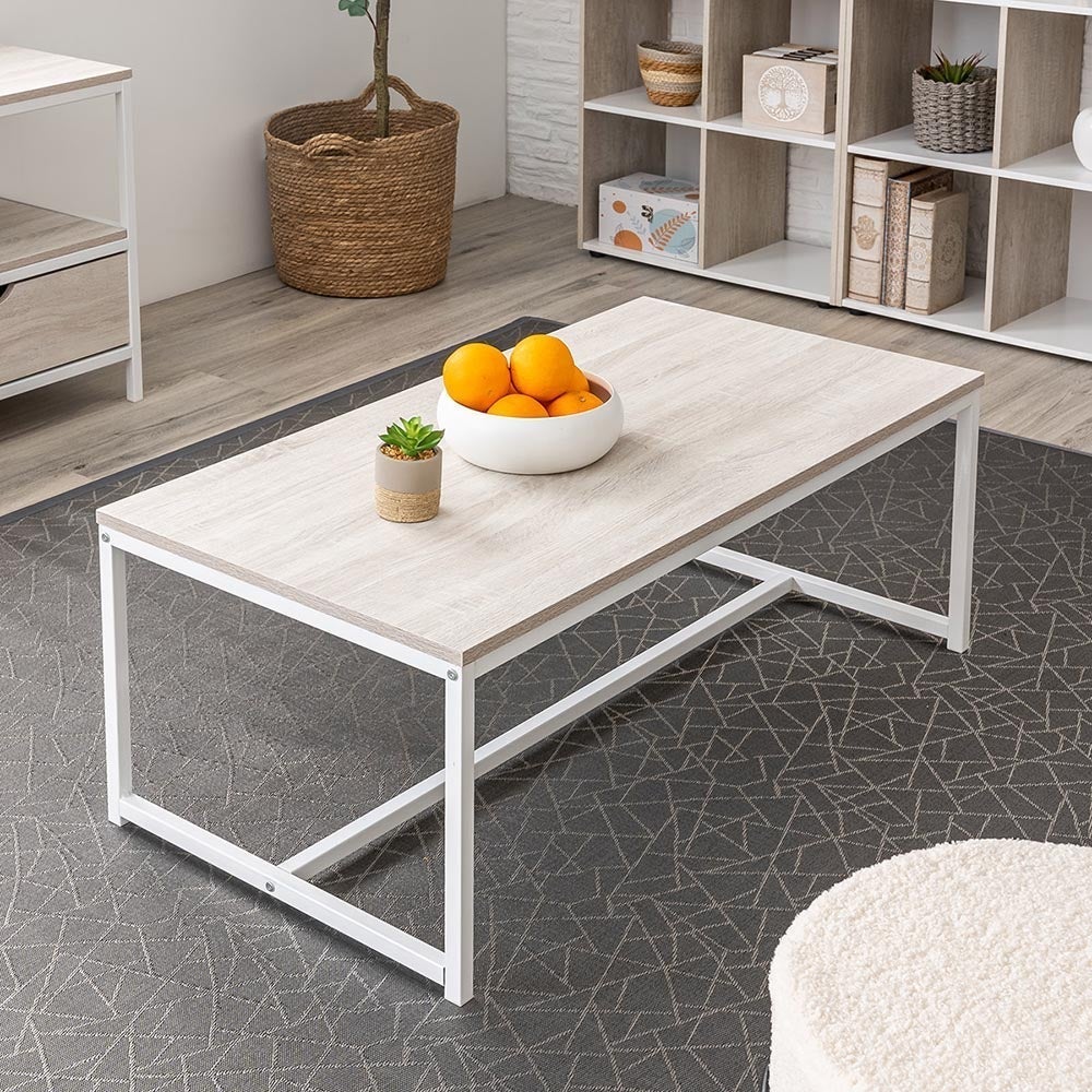 Mesa de centro de acero y MDF en blanco y natural de 100x50x36 cm