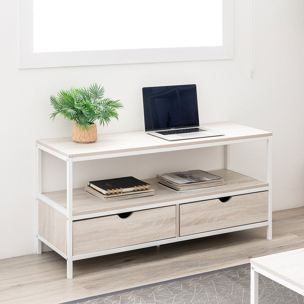 Mueble TV de madera y metal blanco con 2 cajones