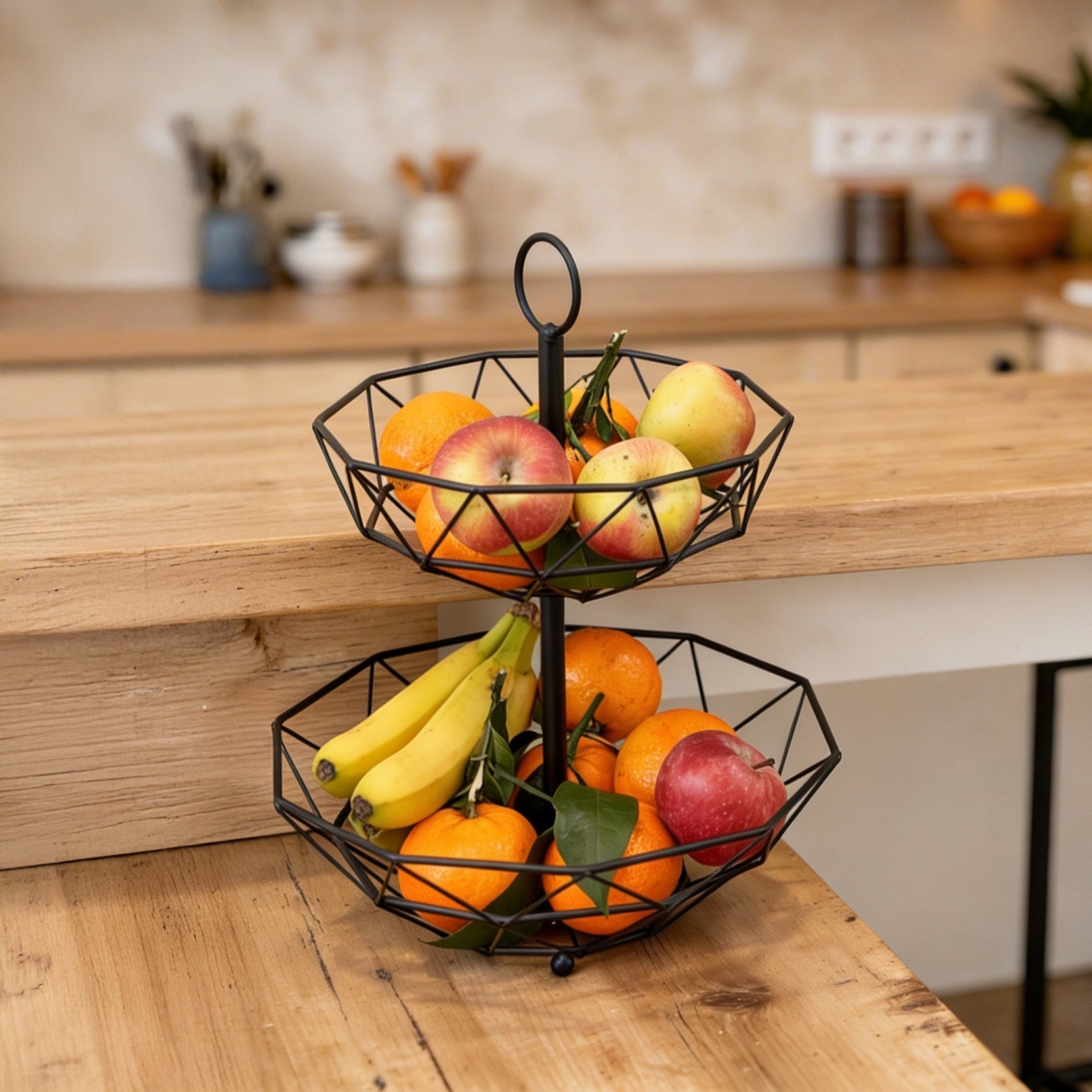 Frutero geométrico de 2 alturas negro de metal de Ø 29x38 cm -