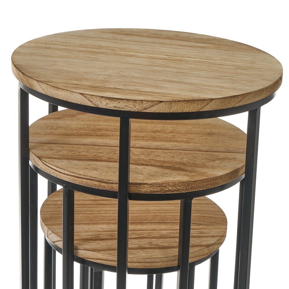 Set de 3 soportes para plantas de madera de paulonia natural y metal negro