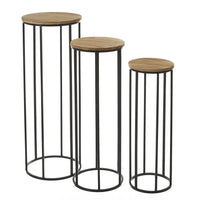 Set de 3 soportes para plantas de madera de paulonia natural y metal negro