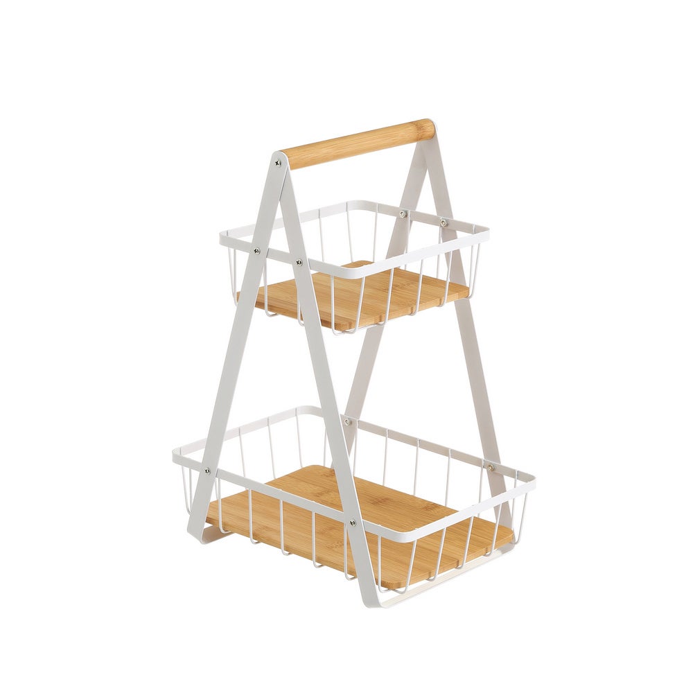 Frutero de 2 cestas blanco de metal y bambú natural