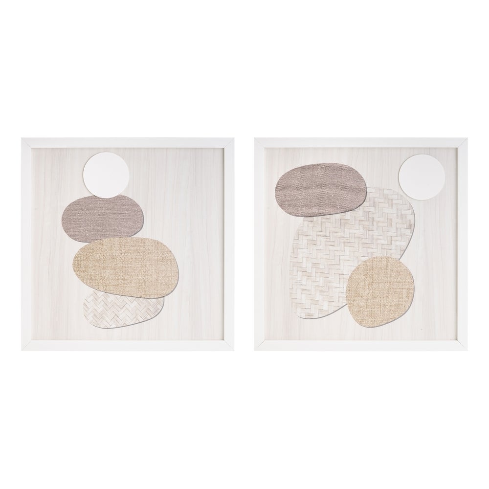 Set de 2 cuadros con tallado en relieve y moldura blanca de 32x32 cm