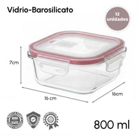 Set 12 Tapers de Cristal de Borosilicato Transparente con Válvula de 800 ml