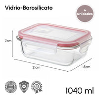 Set 4 Tapers de Cristal de Borosilicato Transparente con Válvula de 1040 ml