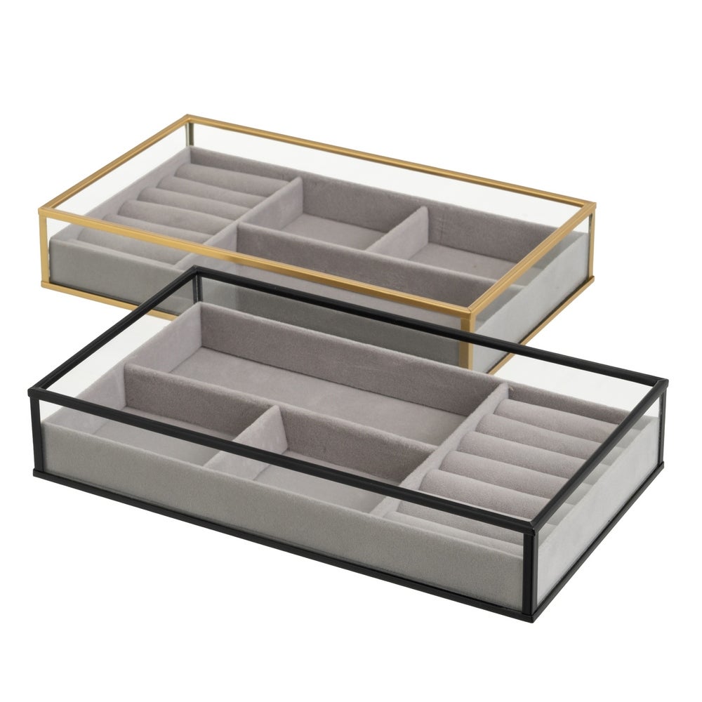 Set de 2 Bandejas Joyero de Metal y Cristal Negro y Dorado 25x14 cm
