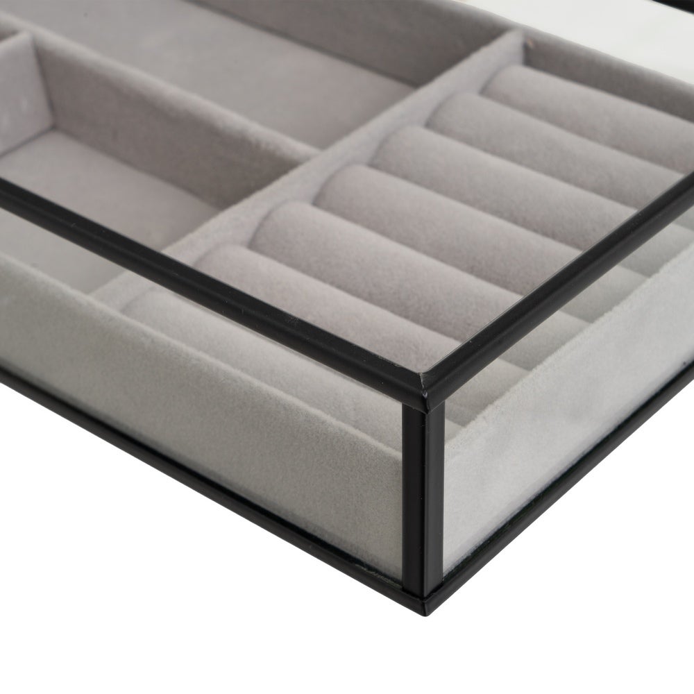 Set de 2 Bandejas Joyero de Metal y Cristal Negro y Dorado 25x14 cm