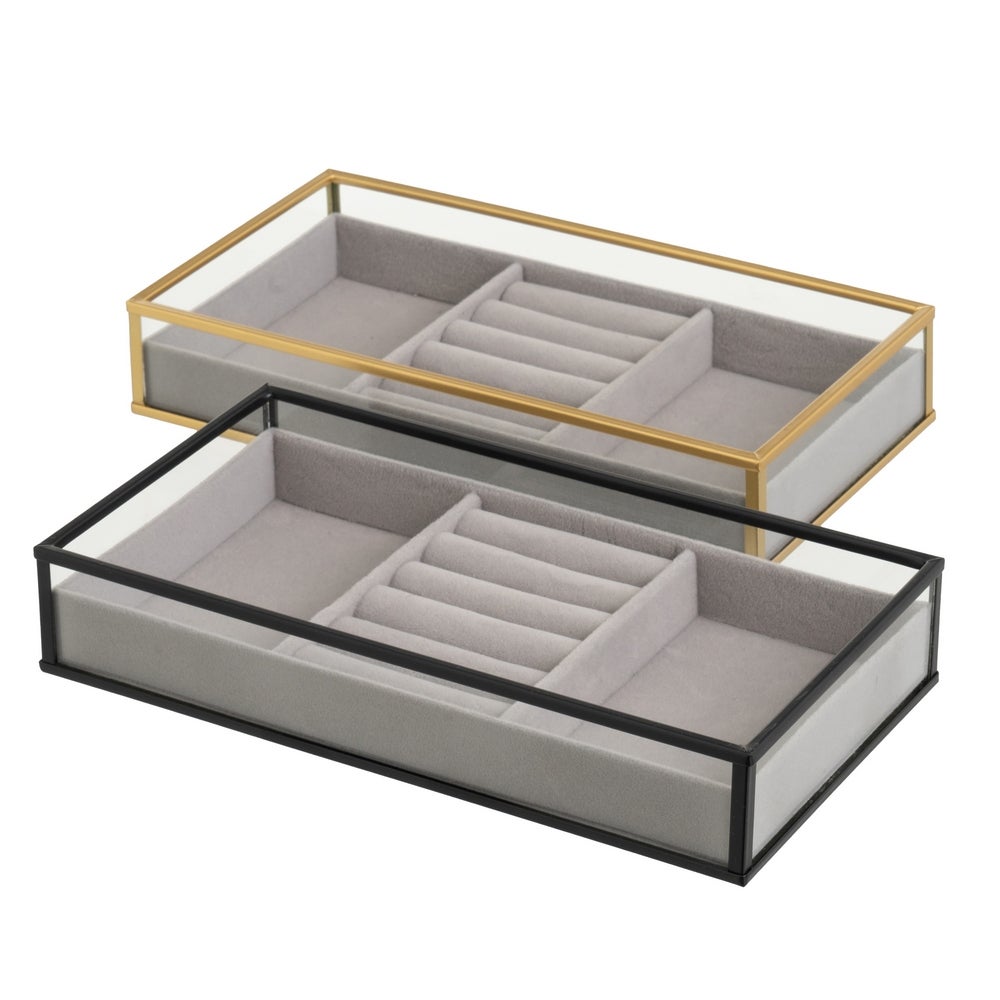 Set de 2 Bandejas Joyero de Metal y Cristal Negro y Dorado 23x12 cm
