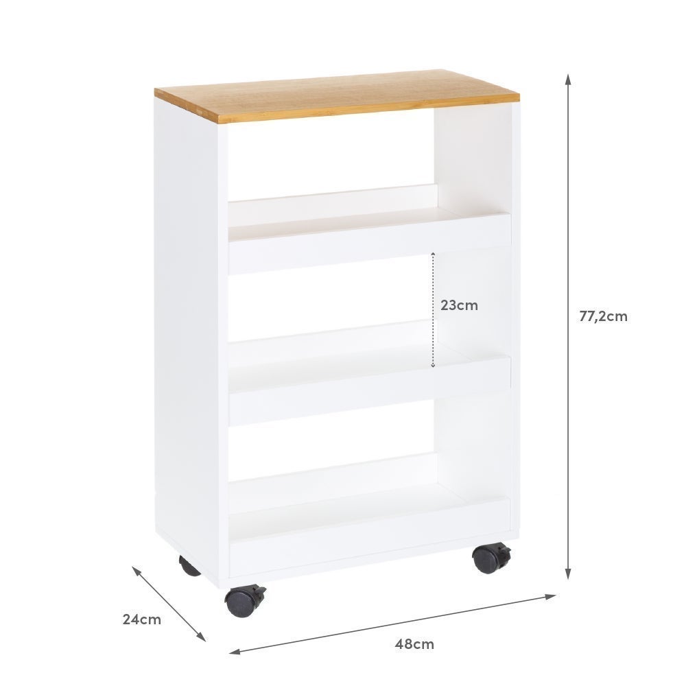 Carro estantería con ruedas de madera blanco y natural de 48x24x77 cm
