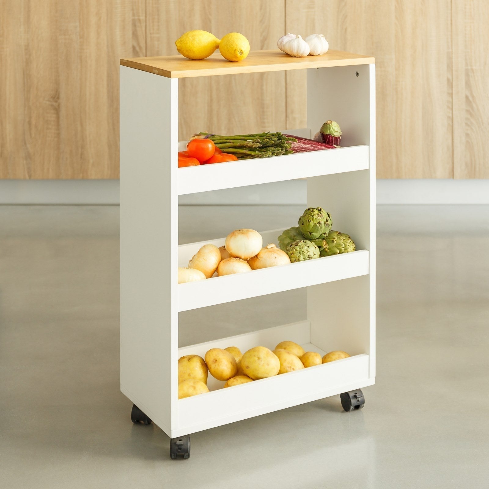 Carro estantería con ruedas de madera blanco y natural de 48x24x77 cm