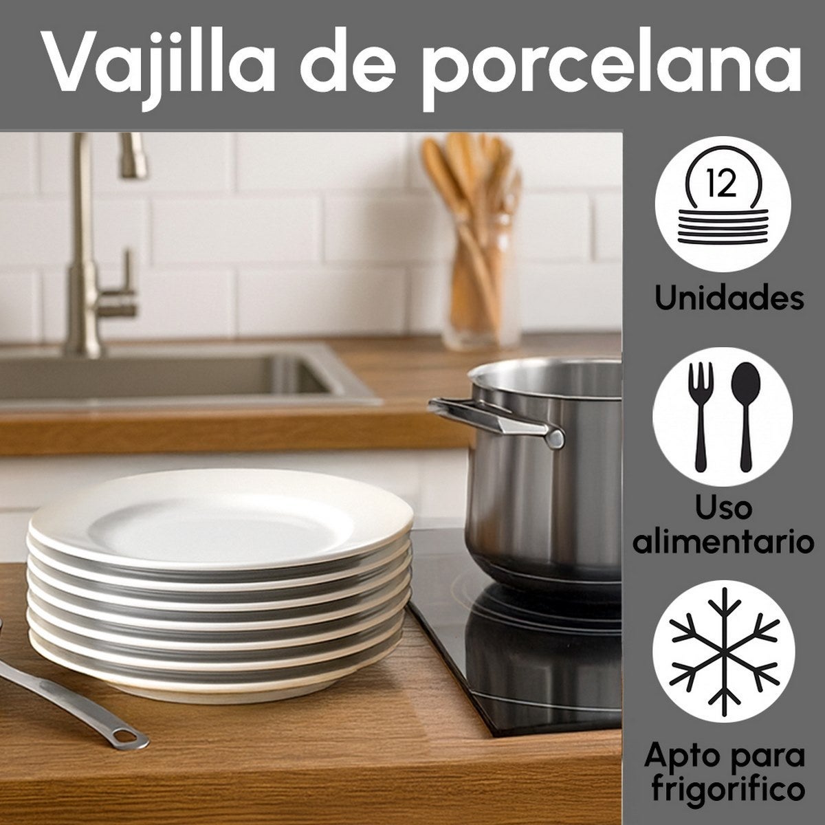 Set de 12 platos llanos blancos de porcelana de Ø 27 cm
