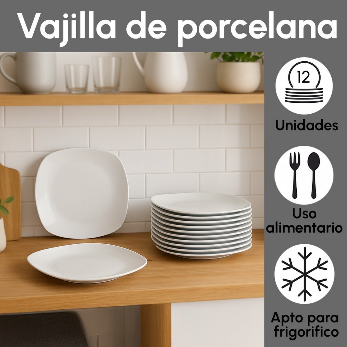 Set de 12 platos llanos cuadrados blancos de porcelana de Ø 27 cm