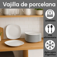Set de 12 platos llanos cuadrados blancos de porcelana de Ø 27 cm