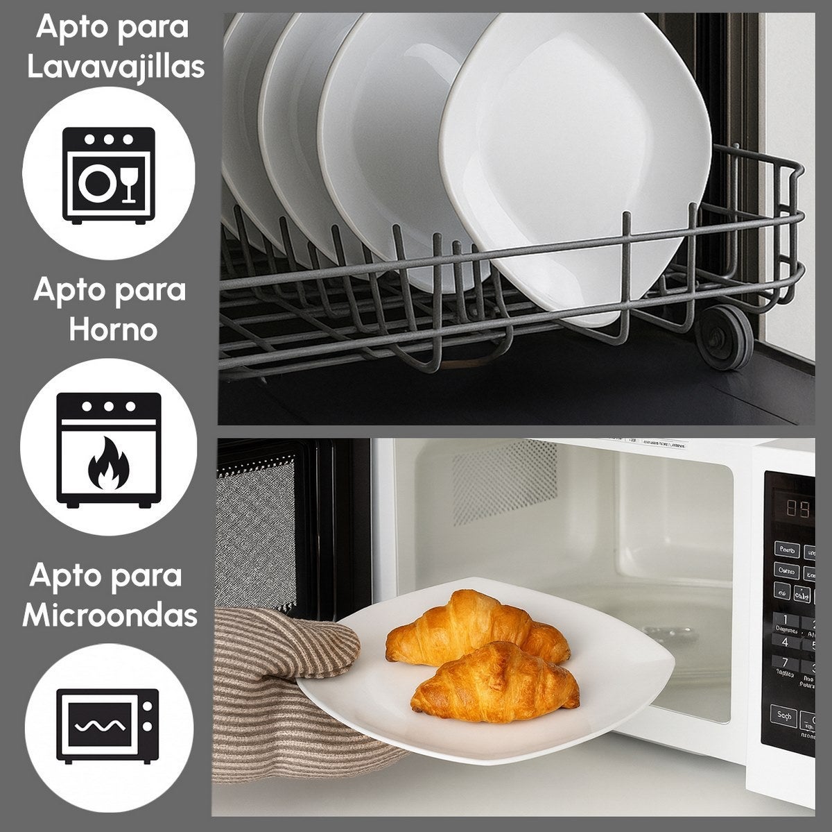 Set de 12 platos llanos cuadrados blancos de porcelana de Ø 27 cm