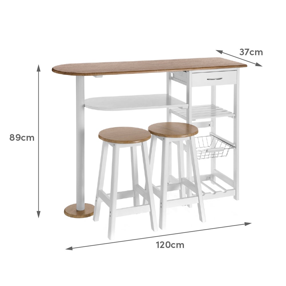 Set de mesa barra y 2 taburetes de bar blanco y natural