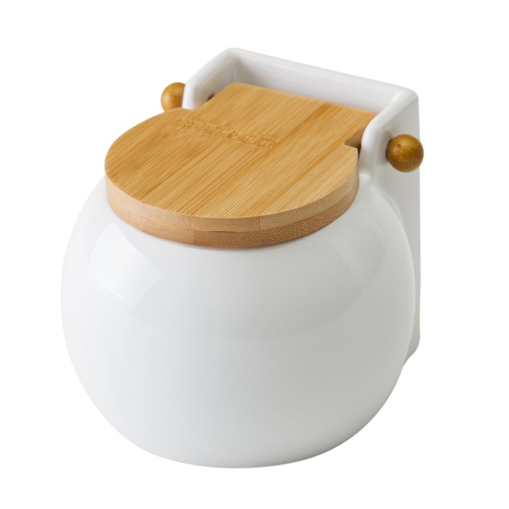 Salero de cerámica blanco de 700 ml con tapa de bambú 13x12x11 cm