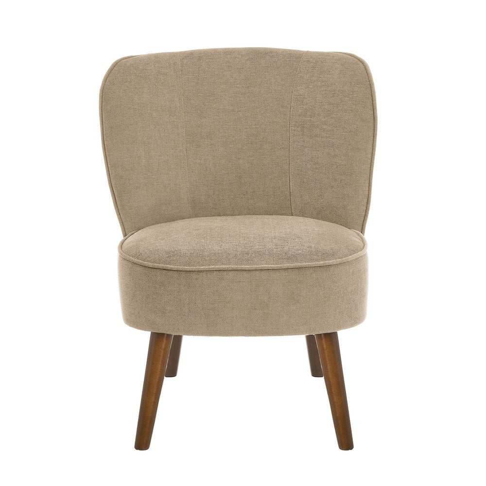 Butaca tapizada de chenilla beige y madera de pino