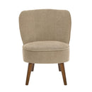 Butaca tapizada de chenilla beige y madera de pino