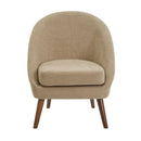 Butaca beige con brazos de chenilla y madera