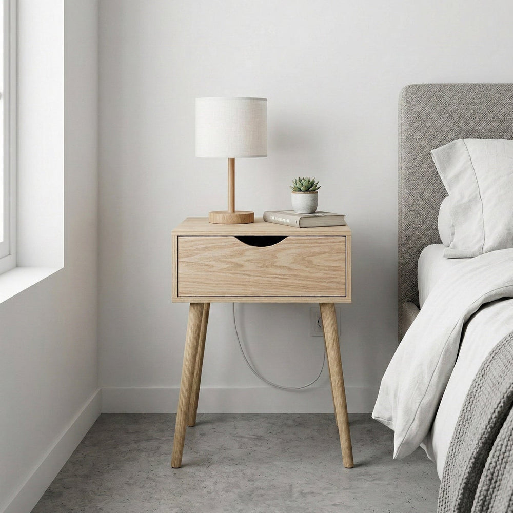 Mesita de noche de 1 cajón beige de madera MDF de 40x30x57 cm