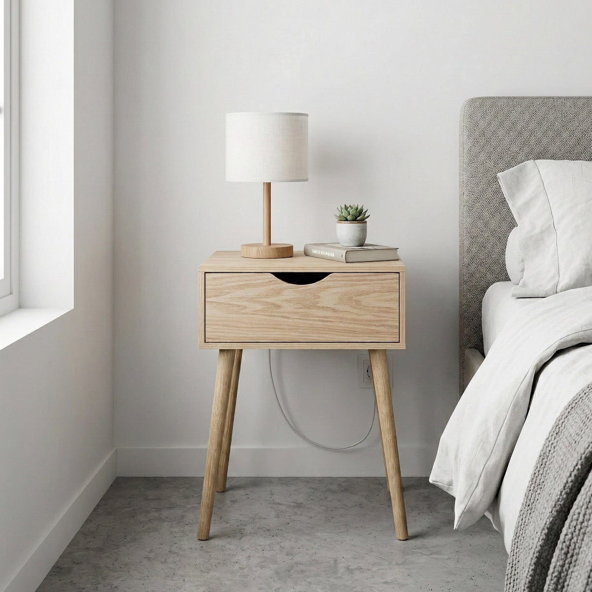 Mesita de noche de 1 cajón beige de madera MDF de 40x30x57 cm