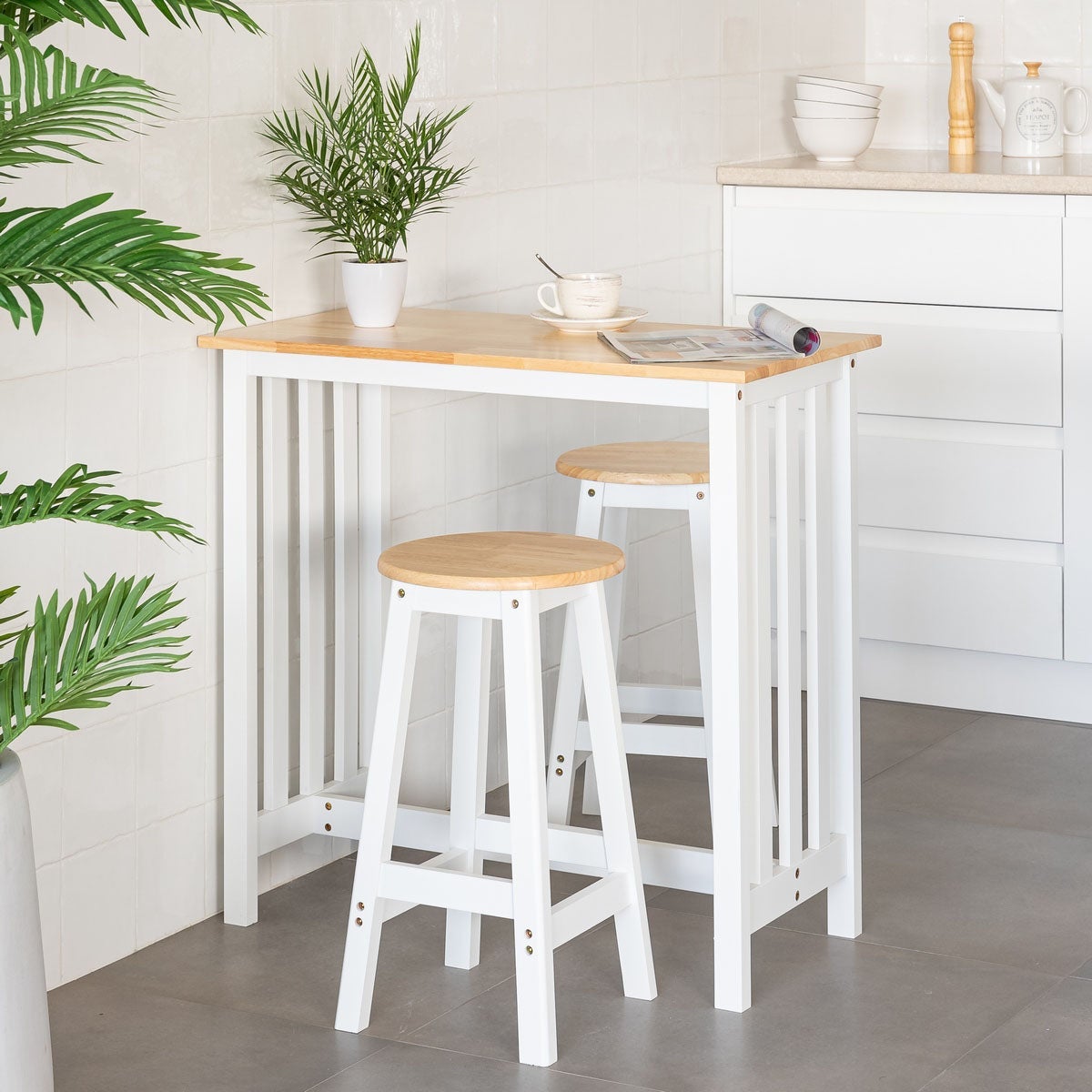 Set de mesa alta y 2 taburetes de madera blanco y natural