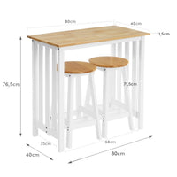 Set de mesa alta y 2 taburetes de madera blanco y natural