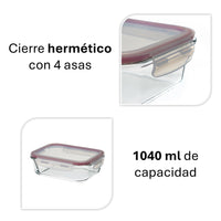 Recipiente hermético rectangular de vidrio borosilicato transparente de 1040 ml