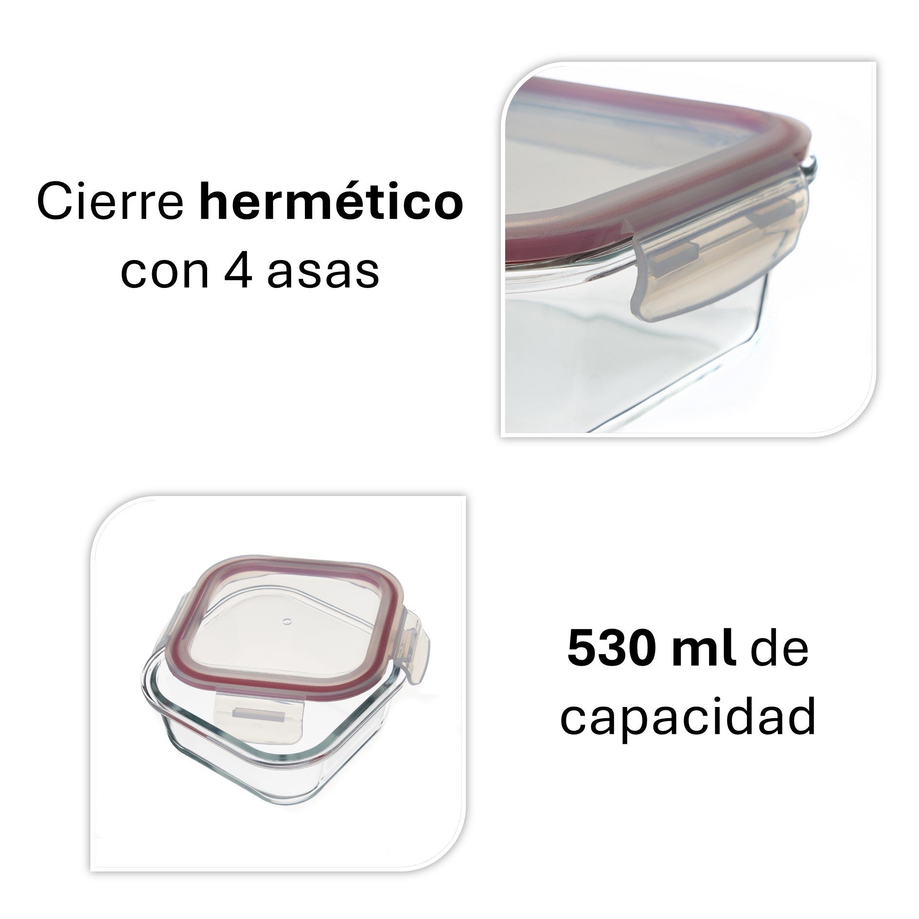 Recipiente hermético cuadrado de vidrio borosilicato transparente de 530 ml