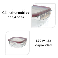 Recipiente hermético cuadrado de vidrio borosilicato transparente de 800 ml