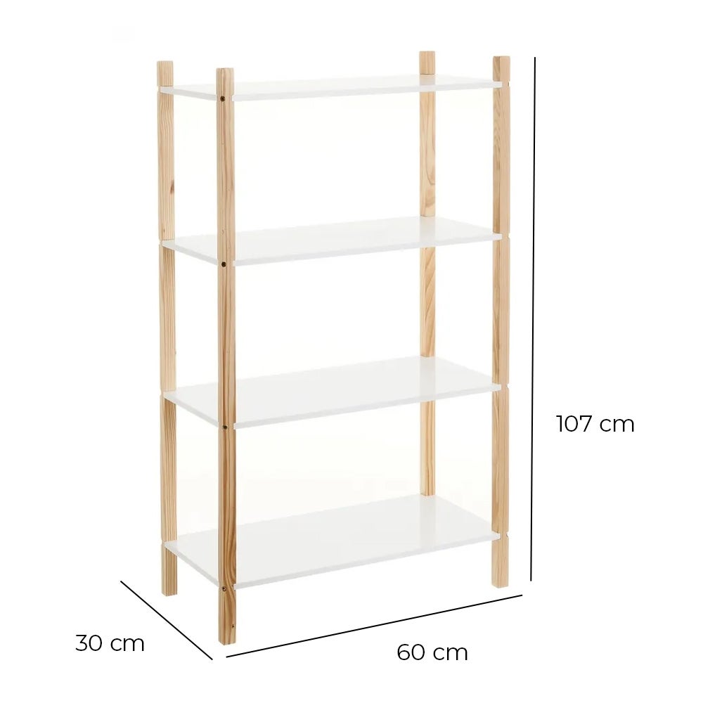 Estantería de 4 baldas de madera blanca con patas de pino