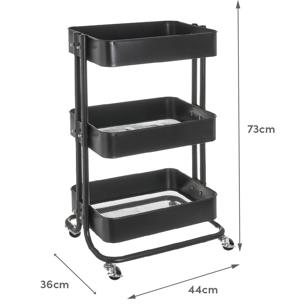 Carro multiusos negro de metal con 3 cestas y ruedas con freno