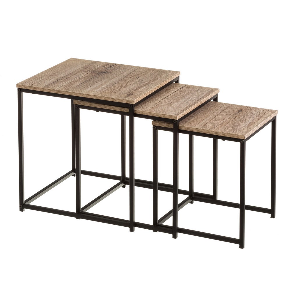 Set de 3 mesas de centro nido de madera natural clara y metal