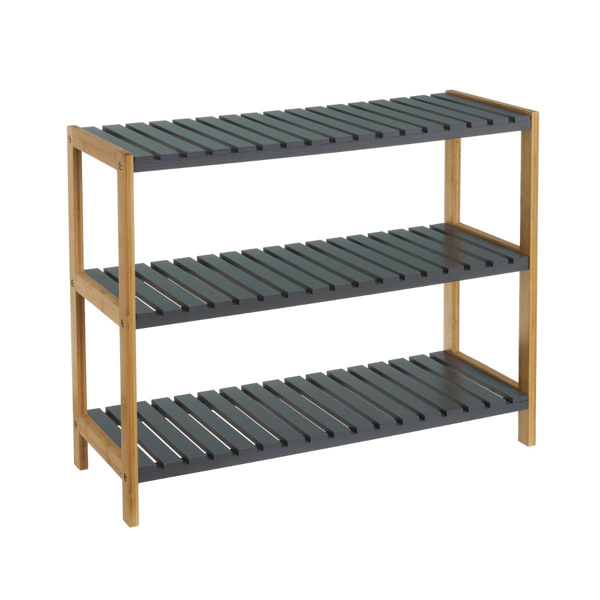 Estantería zapatero de bambú natural con 3 estantes laminados grises de 70x26x59 cm