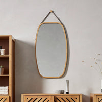 Espejo ovalado con correa de piel de bambú natural de 43x77 cm